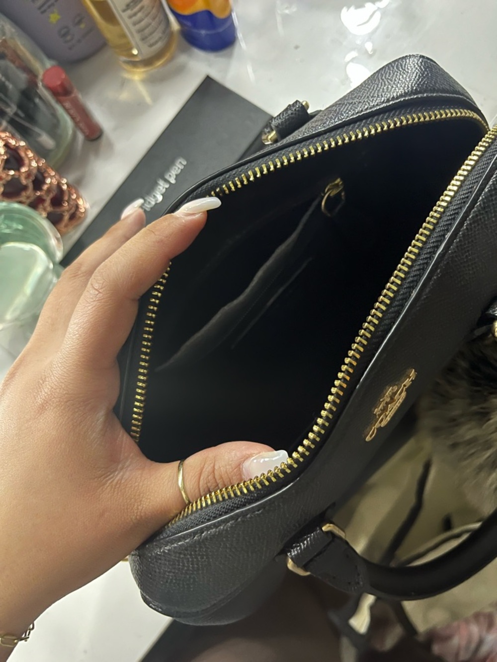 Coach Black Leather Mini Satchel with Furry Pom Charm - Picture 2 of 5